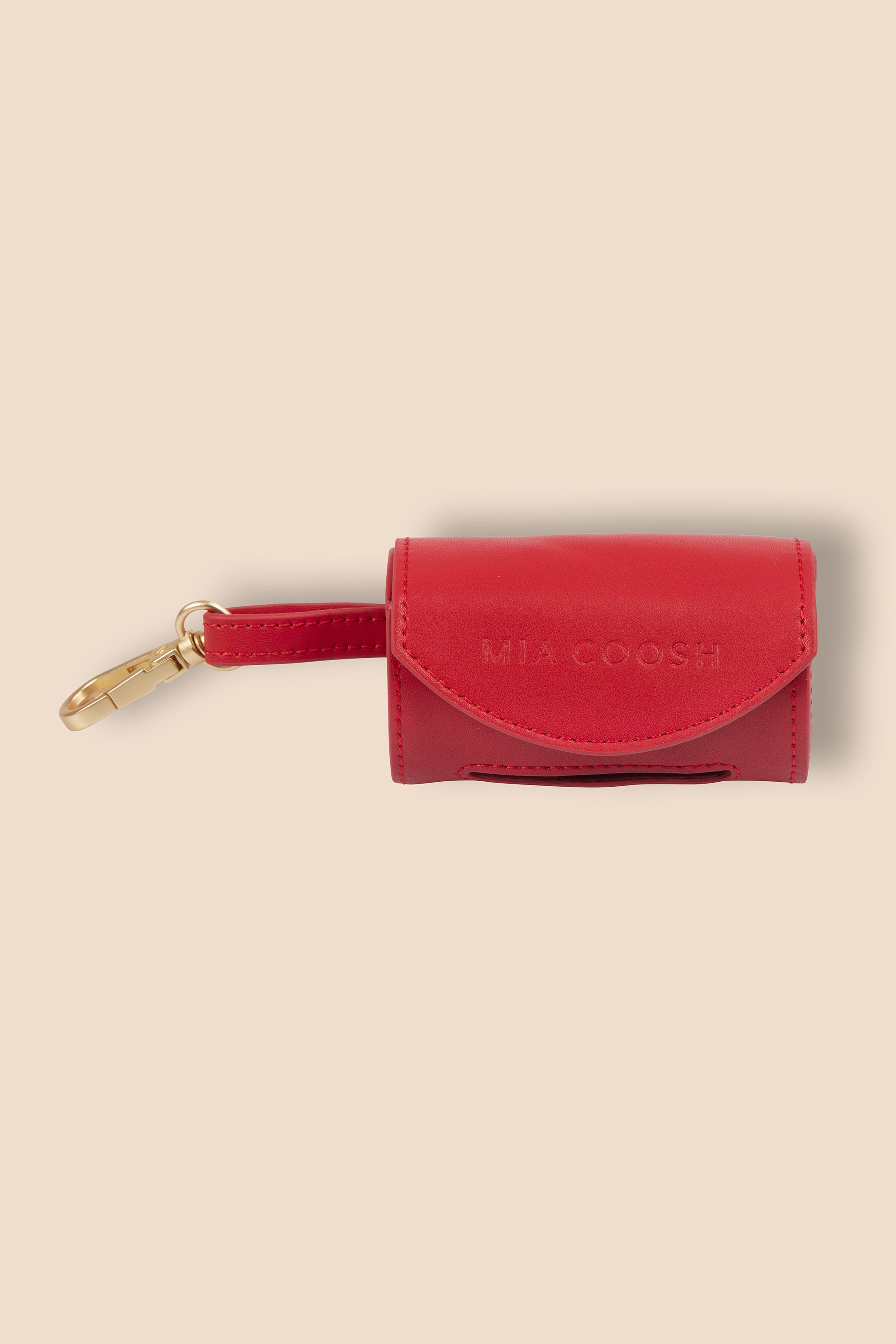 MIA COOSH Poop Bag Holder from Vegan Microfibre Leather with Matte Gold Hardware in Rouge Red