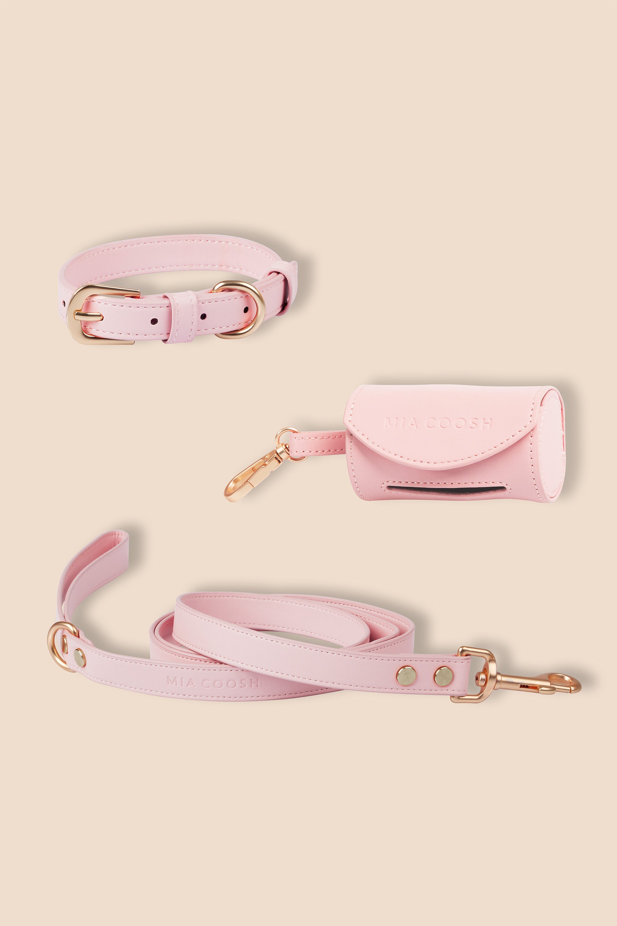 MIA COOSH Collar Set (Collar, Lead and Poop Bag Holder) in Blush Pink