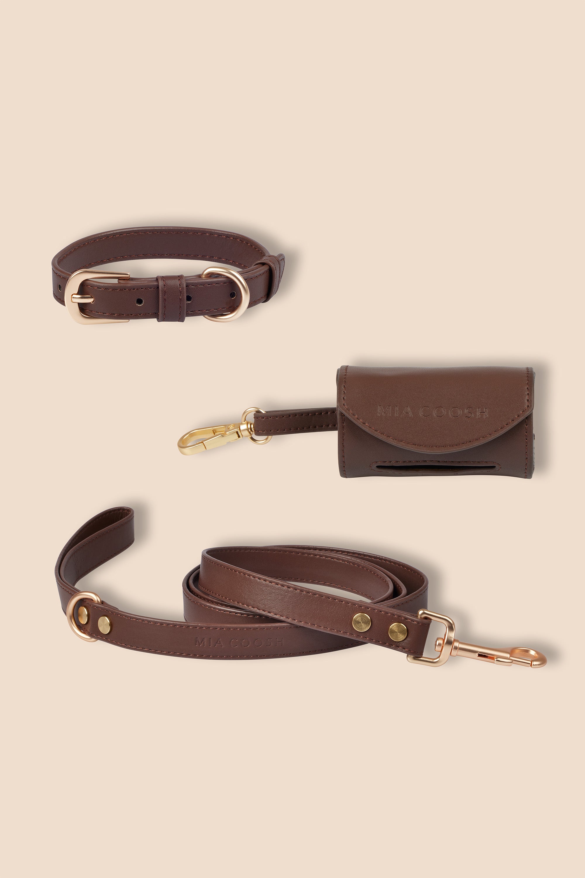 MIA COOSH Collar Set (Collar, Lead and Poop Bag Holder) in Dark Chocolate
