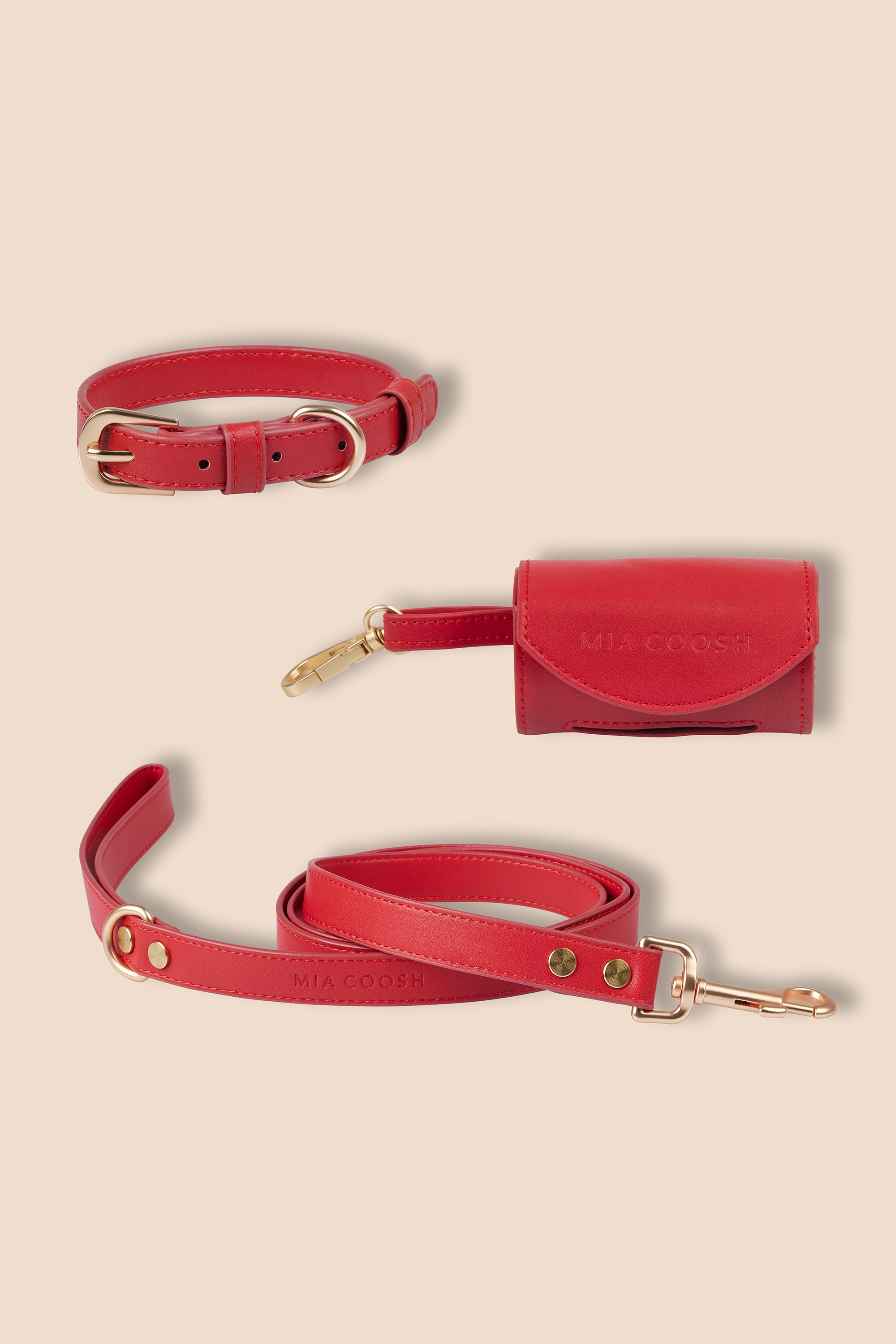 MIA COOSH Collar Set (Collar, Lead and Poop Bag Holder) in Rouge Red