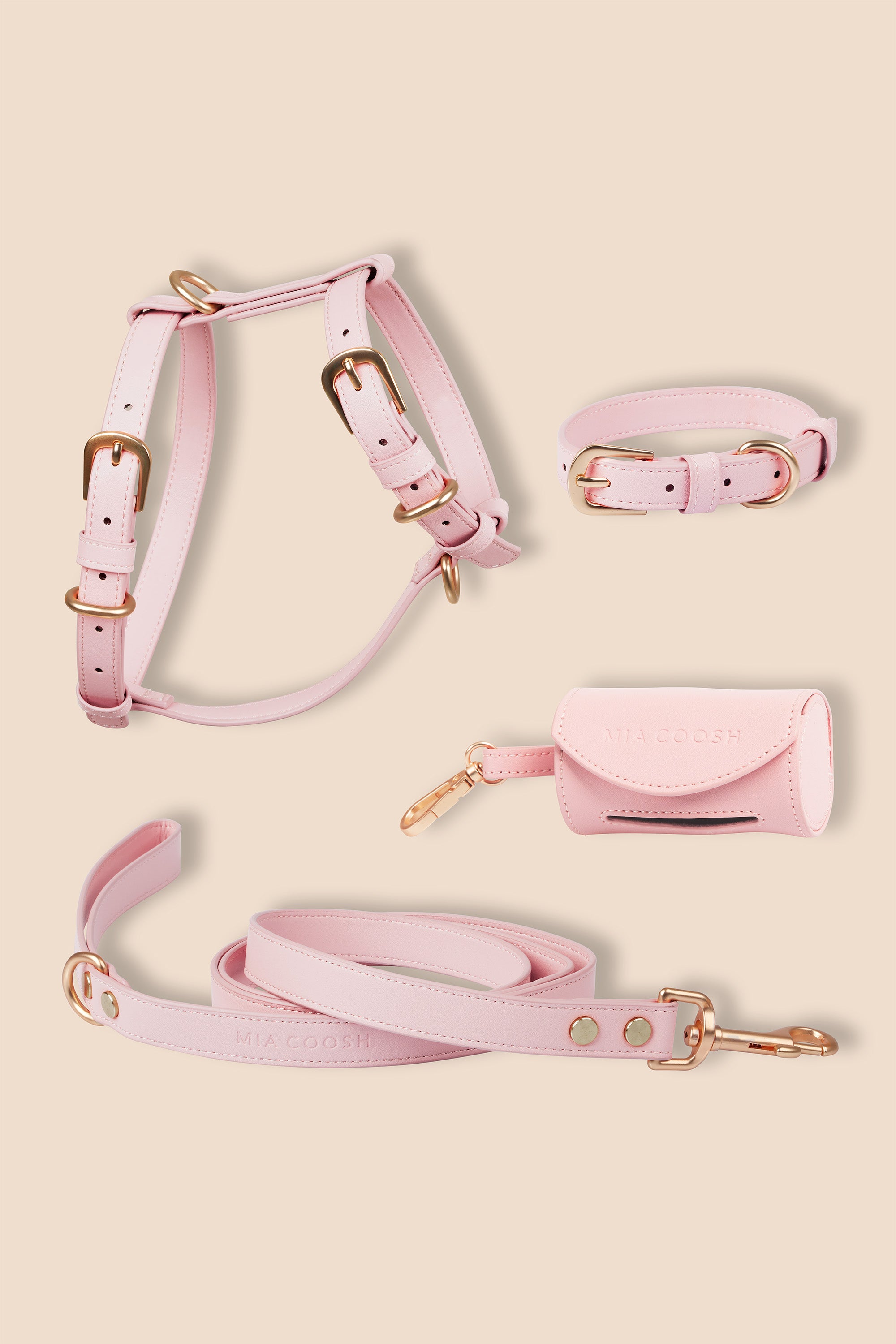 MIA COOSH Signature Set (Harness, Collar, Lead and Poop Bag Holder) in Blush Pink