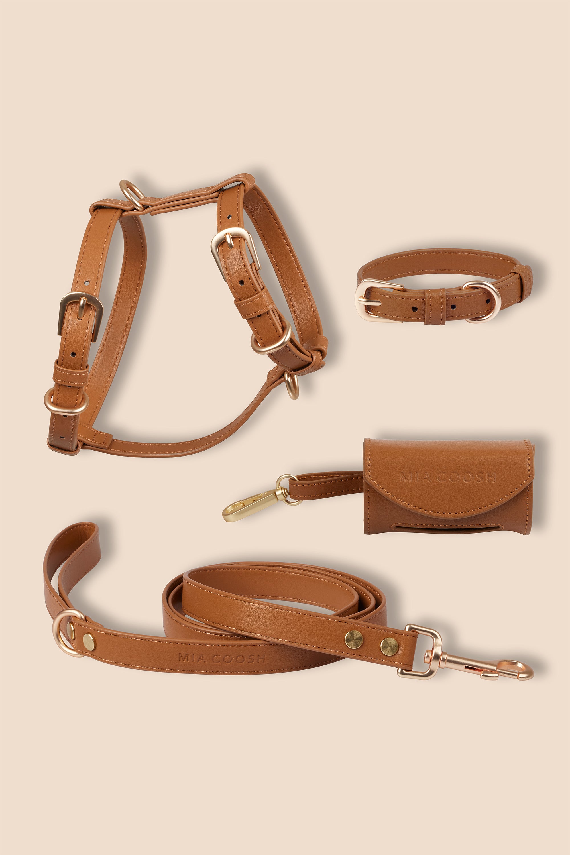 MIA COOSH Signature Set (Harness, Collar, Lead and Poop Bag Holder) in Caramel Brown