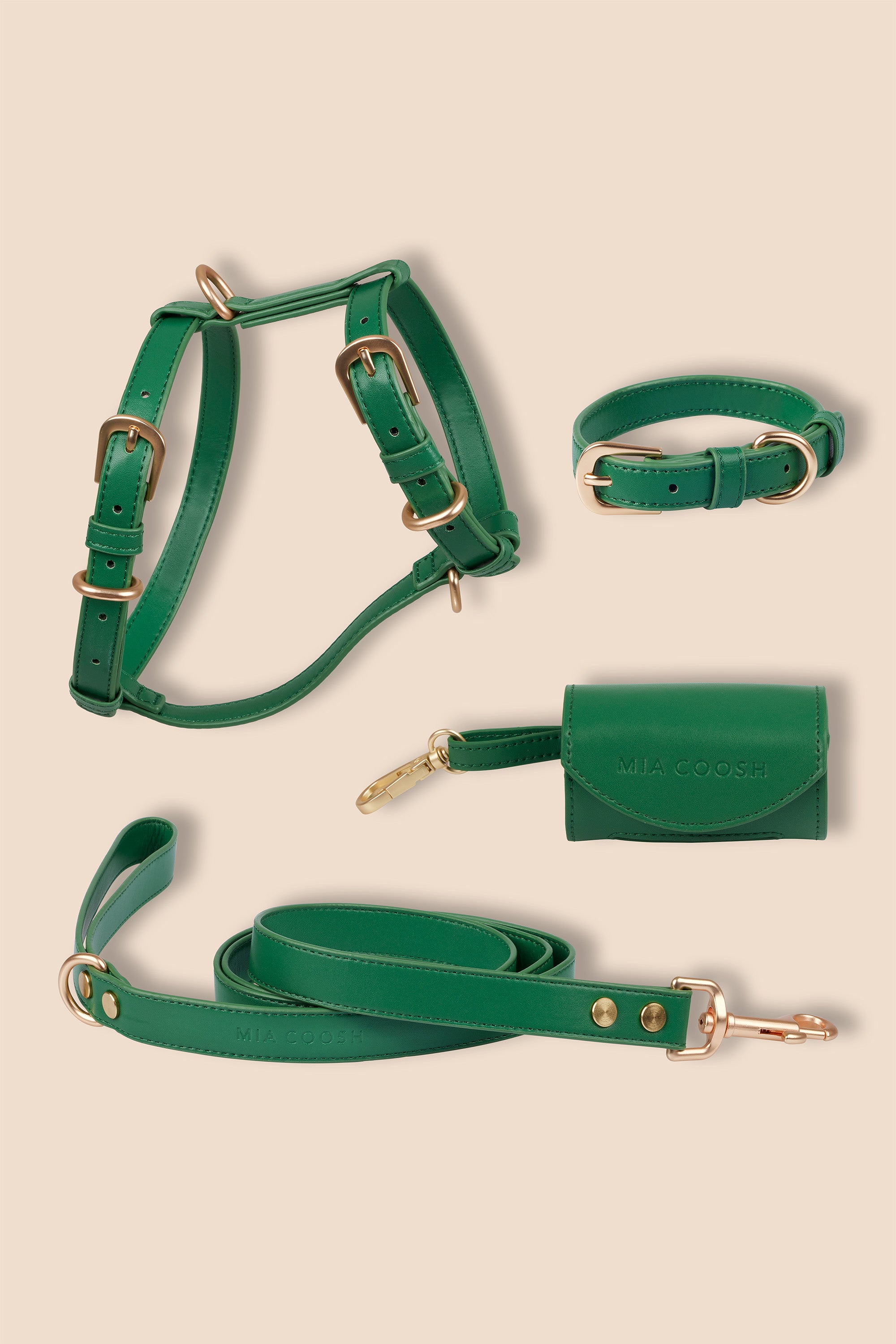 MIA COOSH Signature Set (Harness, Collar, Lead and Poop Bag Holder) in Emerald Green