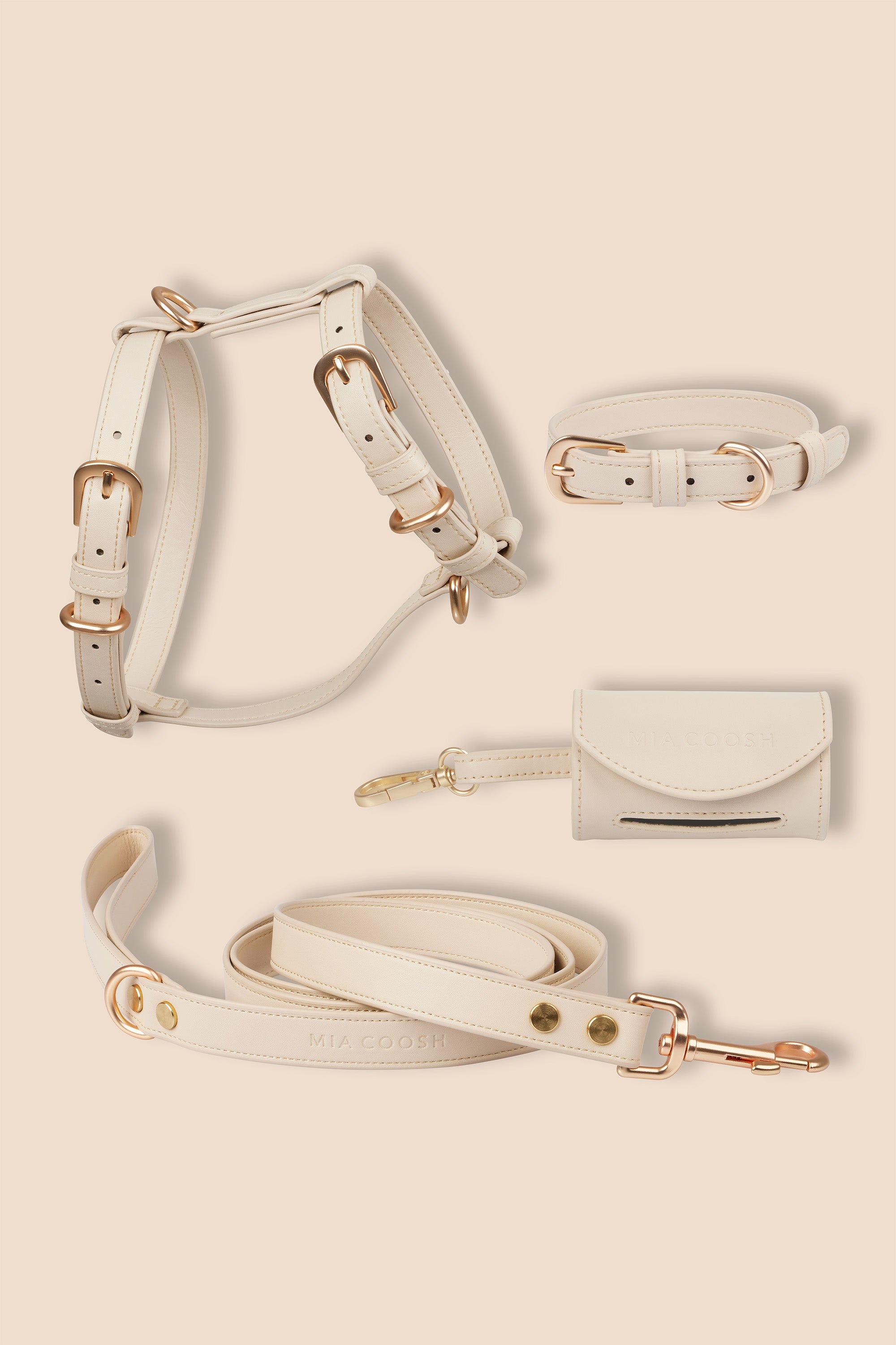 MIA COOSH Signature Set (Harness, Collar, Lead and Poop Bag Holder) in Vanilla Cream