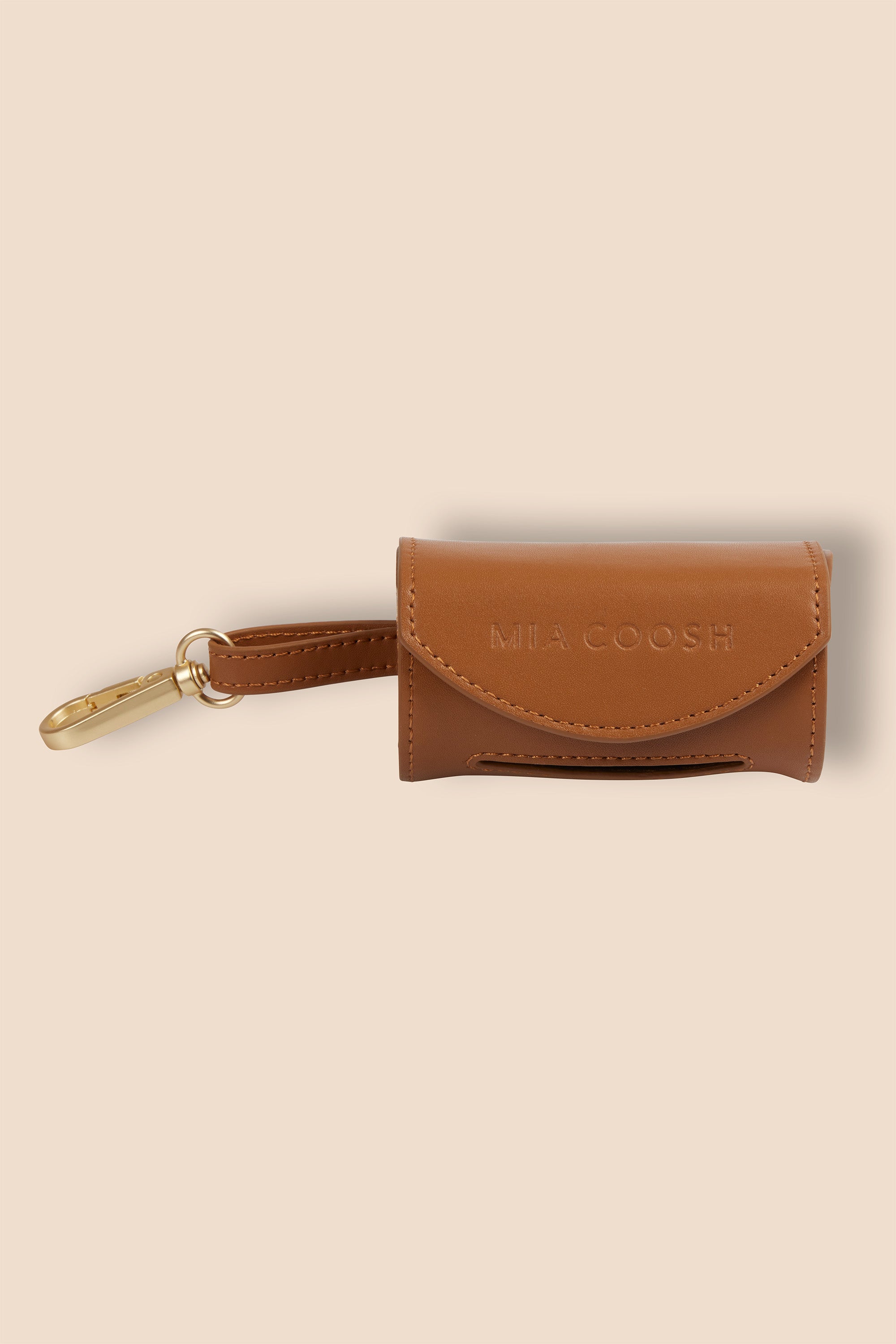 MIA COOSH Poop Bag Holder from Vegan Microfibre Leather with Matte Gold Hardware in Caramel Brown