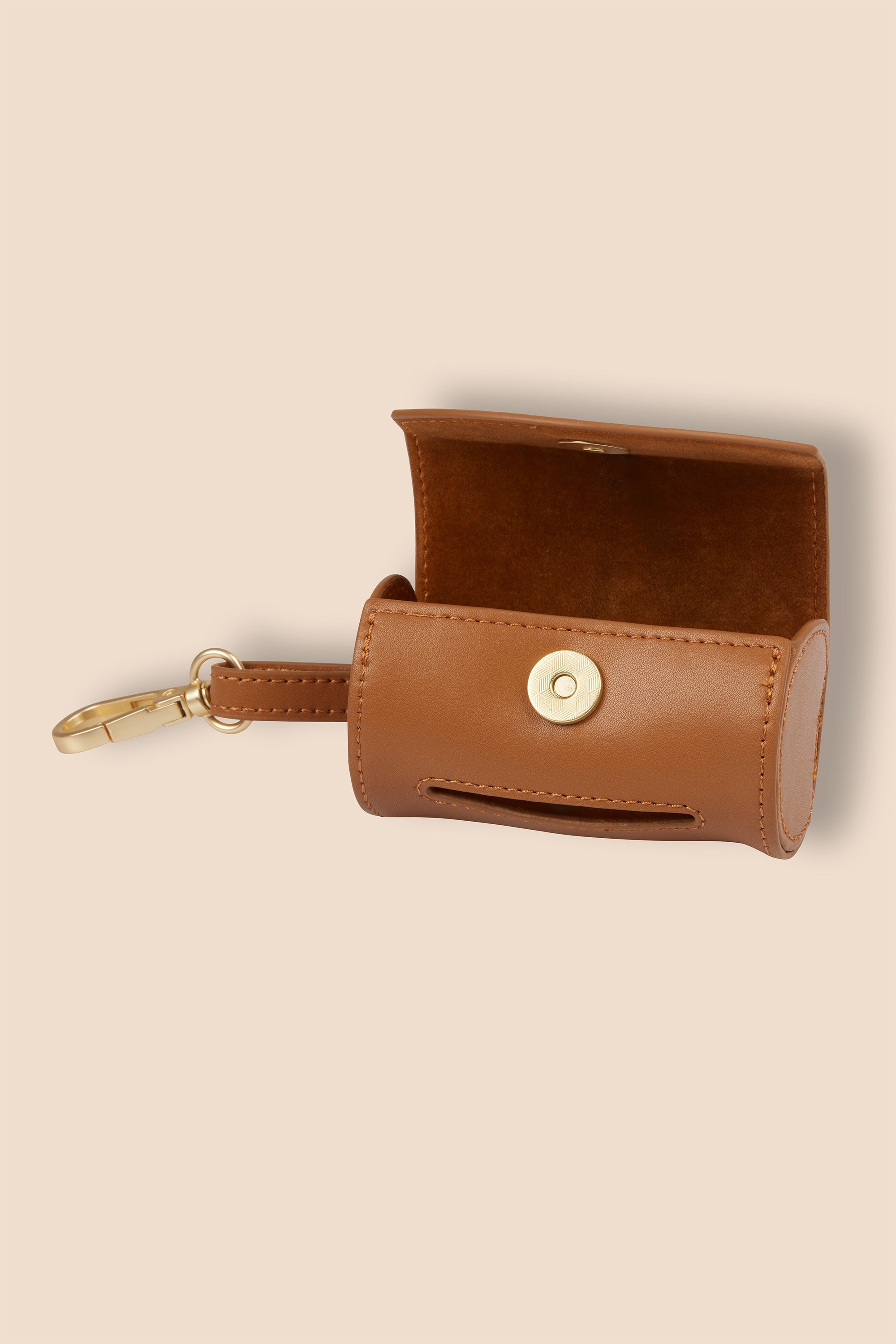 MIA COOSH Poop Bag Holder from Vegan Microfibre Leather with Matte Gold Hardware in Caramel Brown