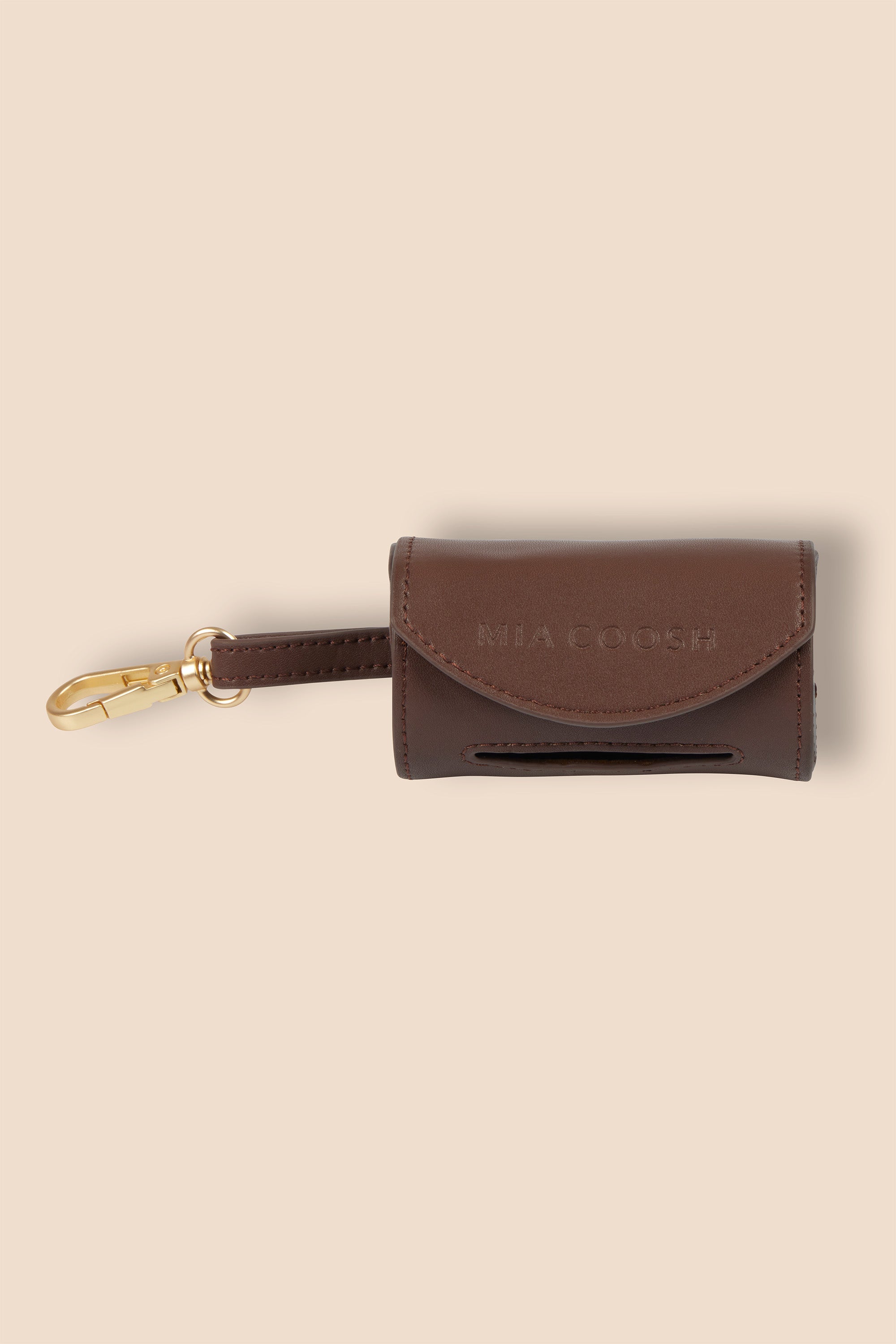 MIA COOSH Poop Bag Holder from Vegan Microfibre Leather with Matte Gold Hardware in Dark Chocolate