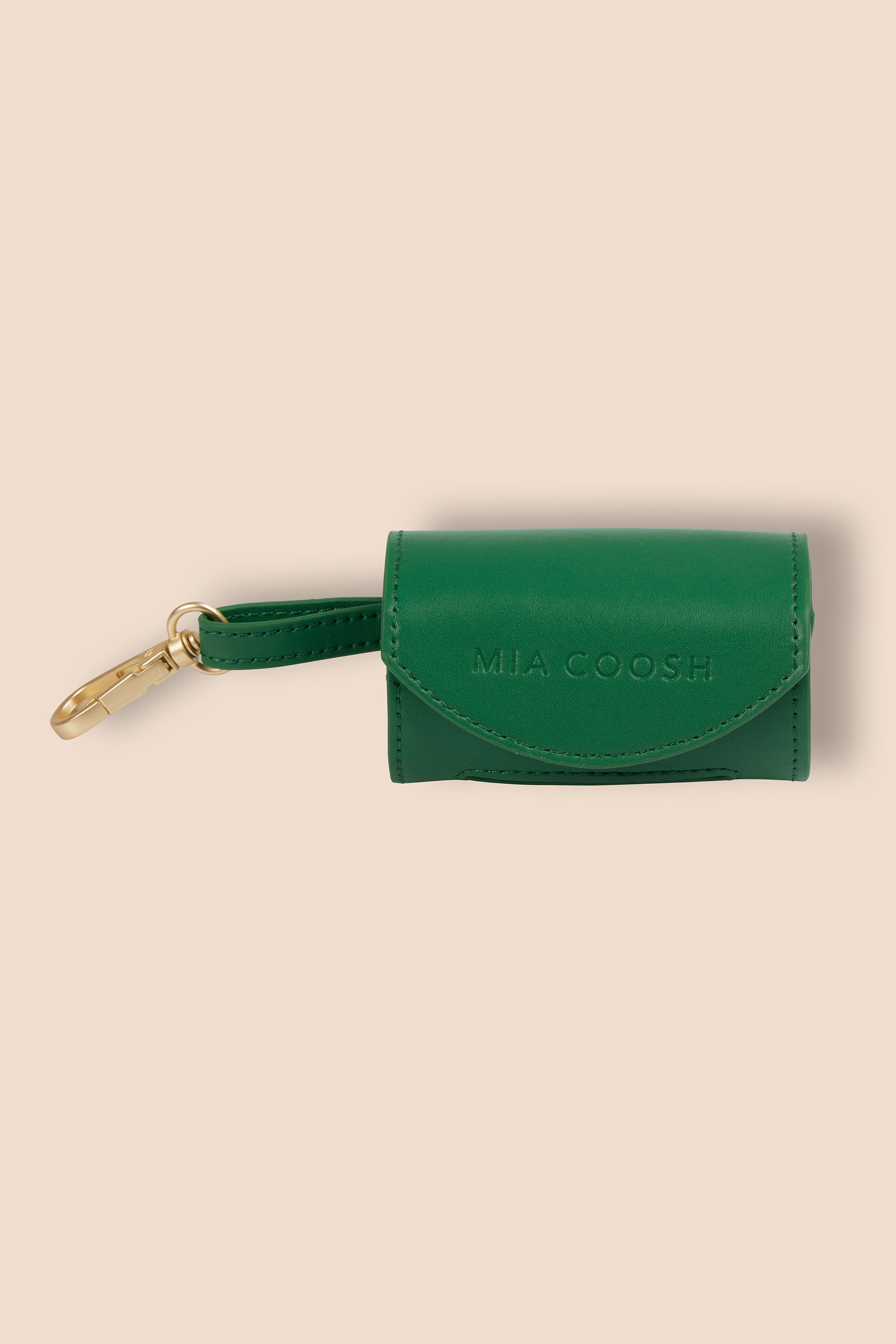 MIA COOSH Poop Bag Holder from Vegan Microfibre Leather with Matte Gold Hardware in Emerald Green