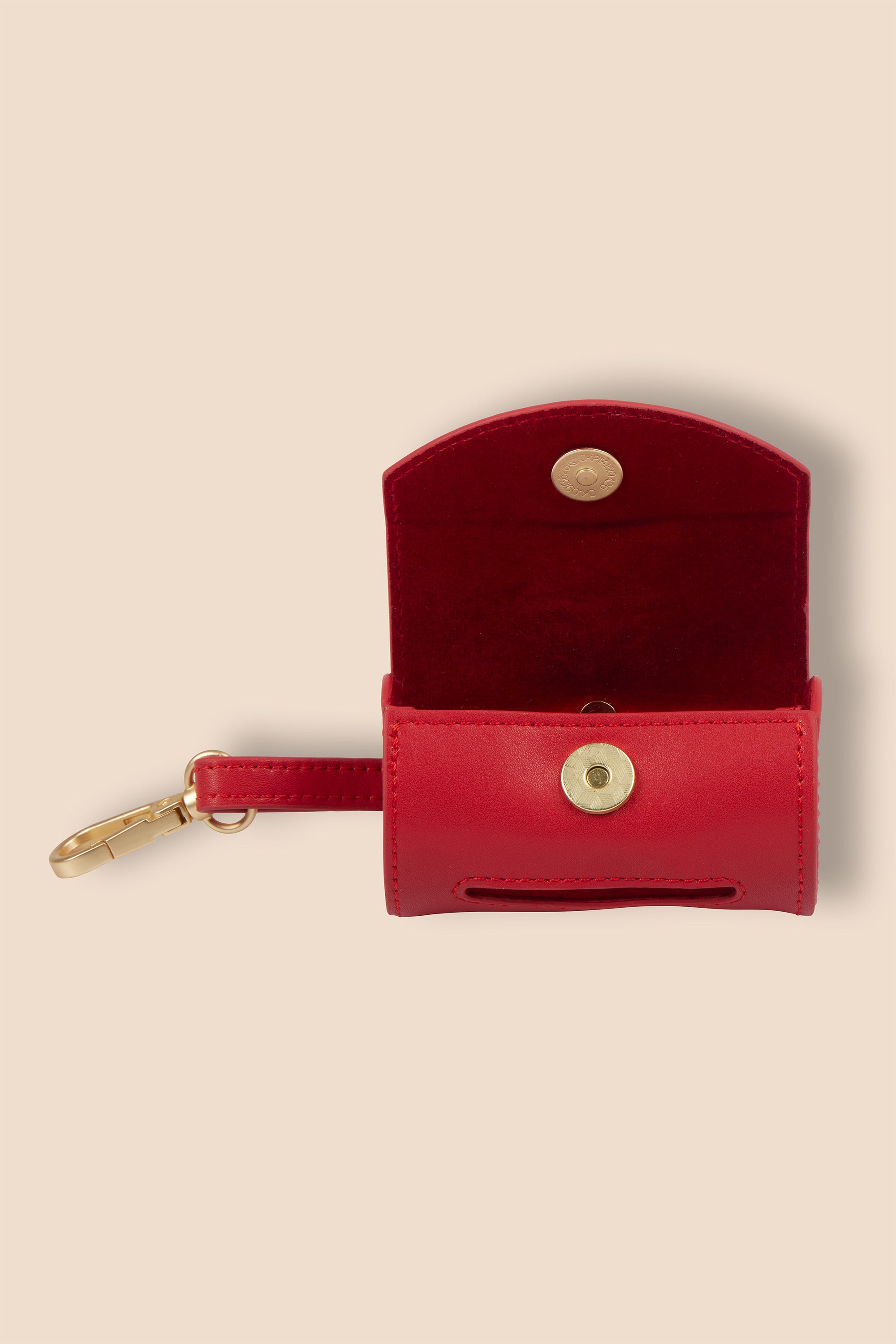 MIA COOSH Poop Bag Holder from Vegan Microfibre Leather with Matte Gold Hardware in Rouge Red