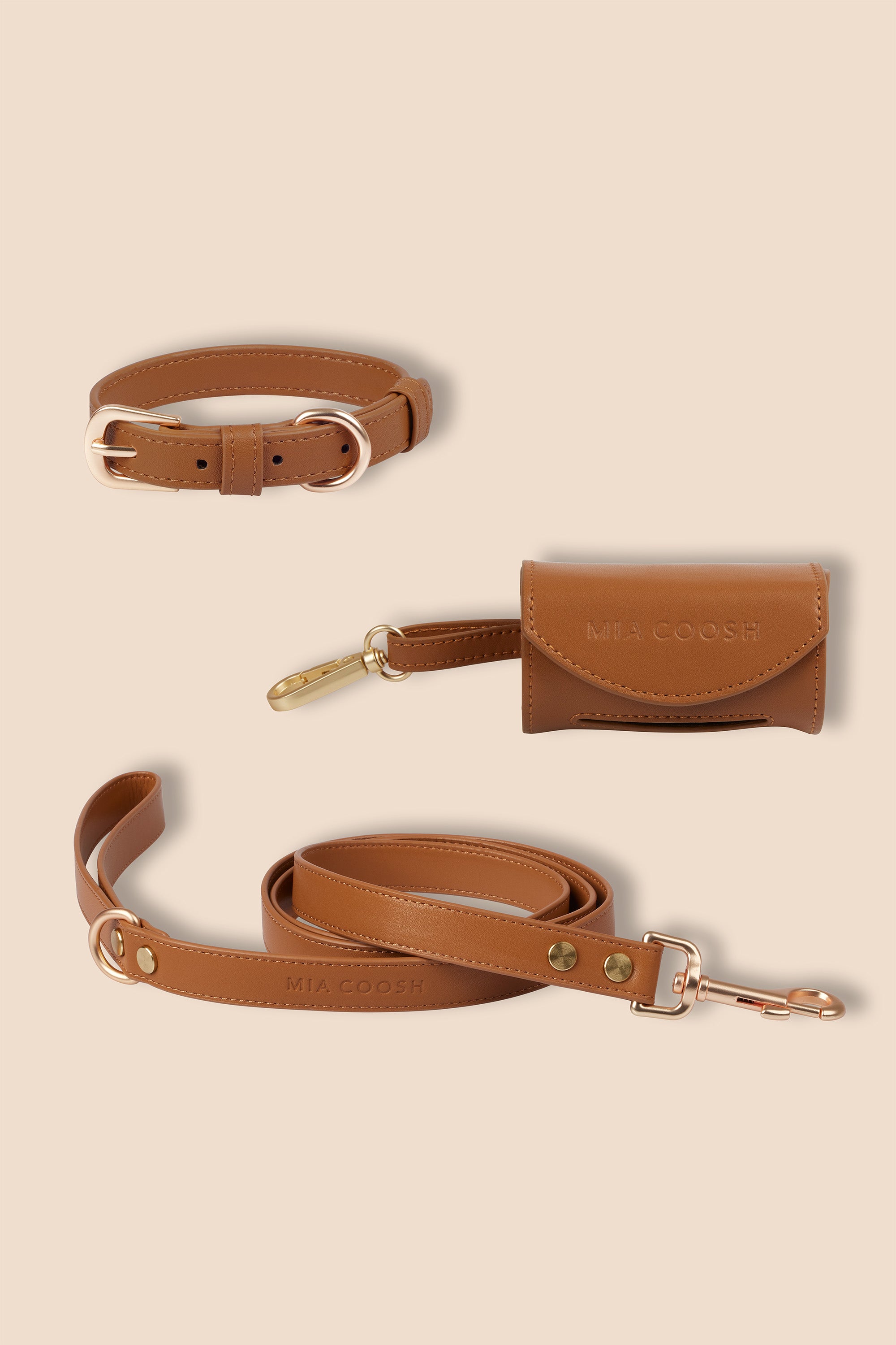 MIA COOSH Collar Set (Collar, Lead and Poop Bag Holder) in Caramel Brown