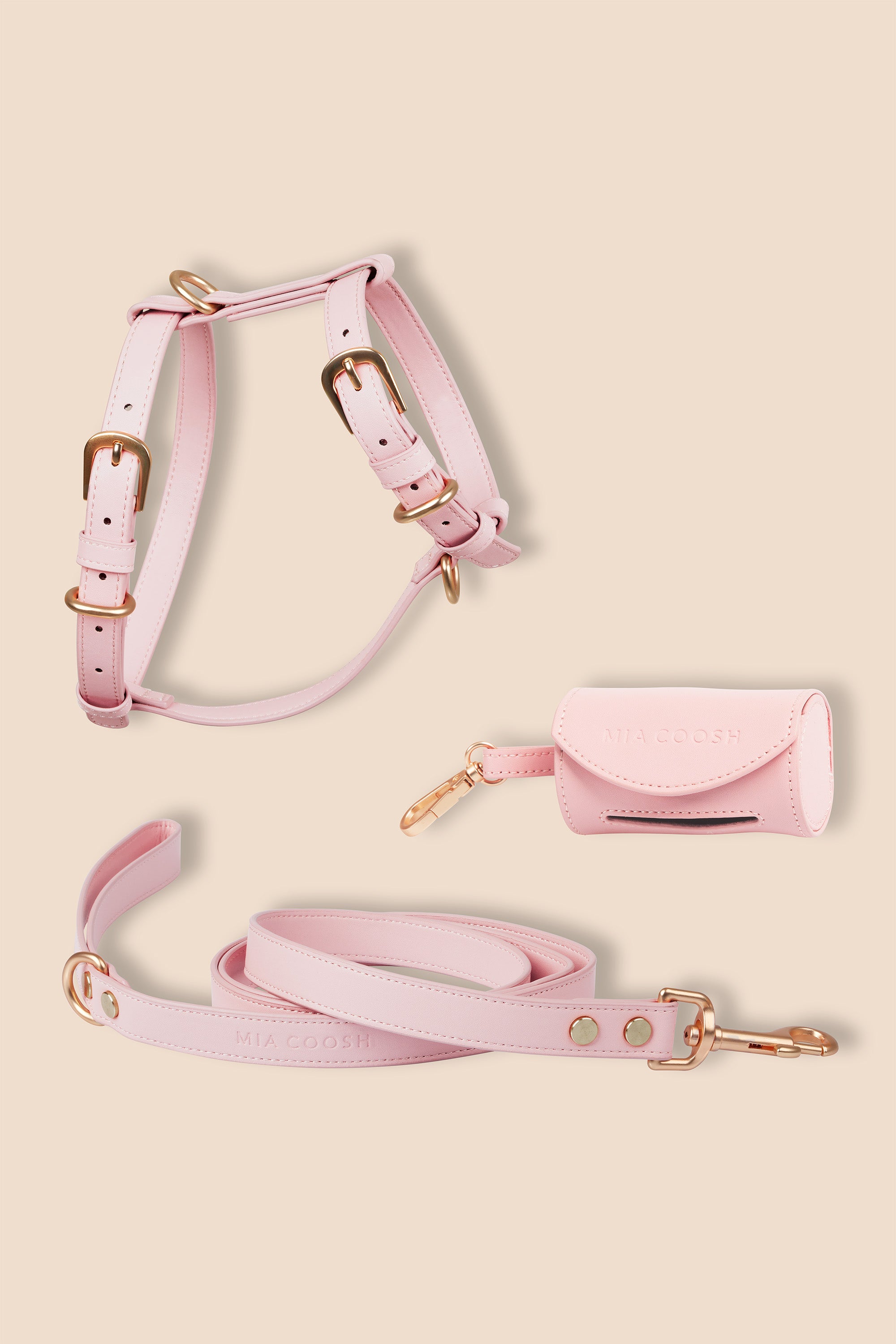 MIA COOSH Harness Set (Harness, Lead and Poop Bag Holder) in Blush Pink