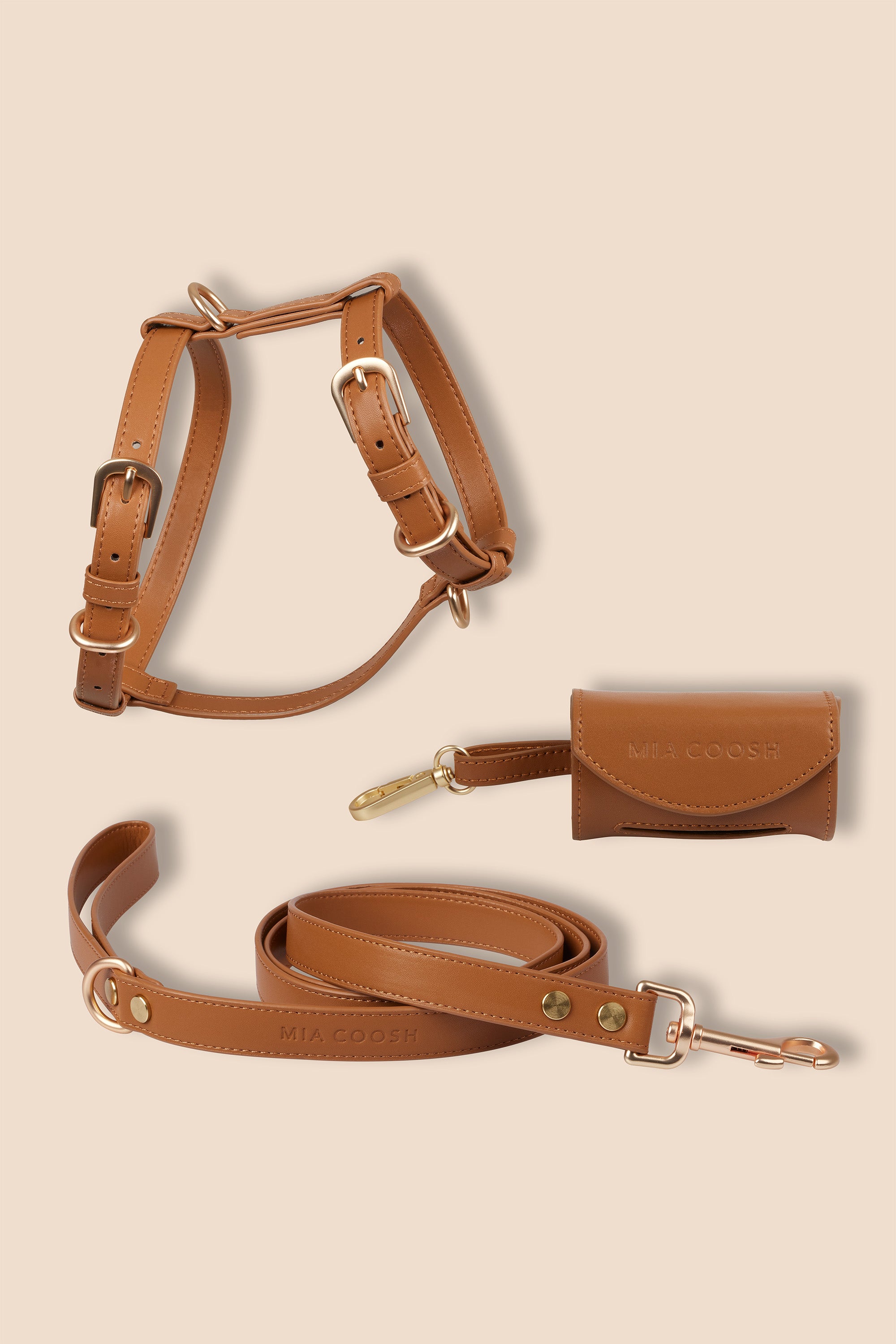 MIA COOSH Harness Set (Harness, Lead and Poop Bag Holder) in Caramel Brown