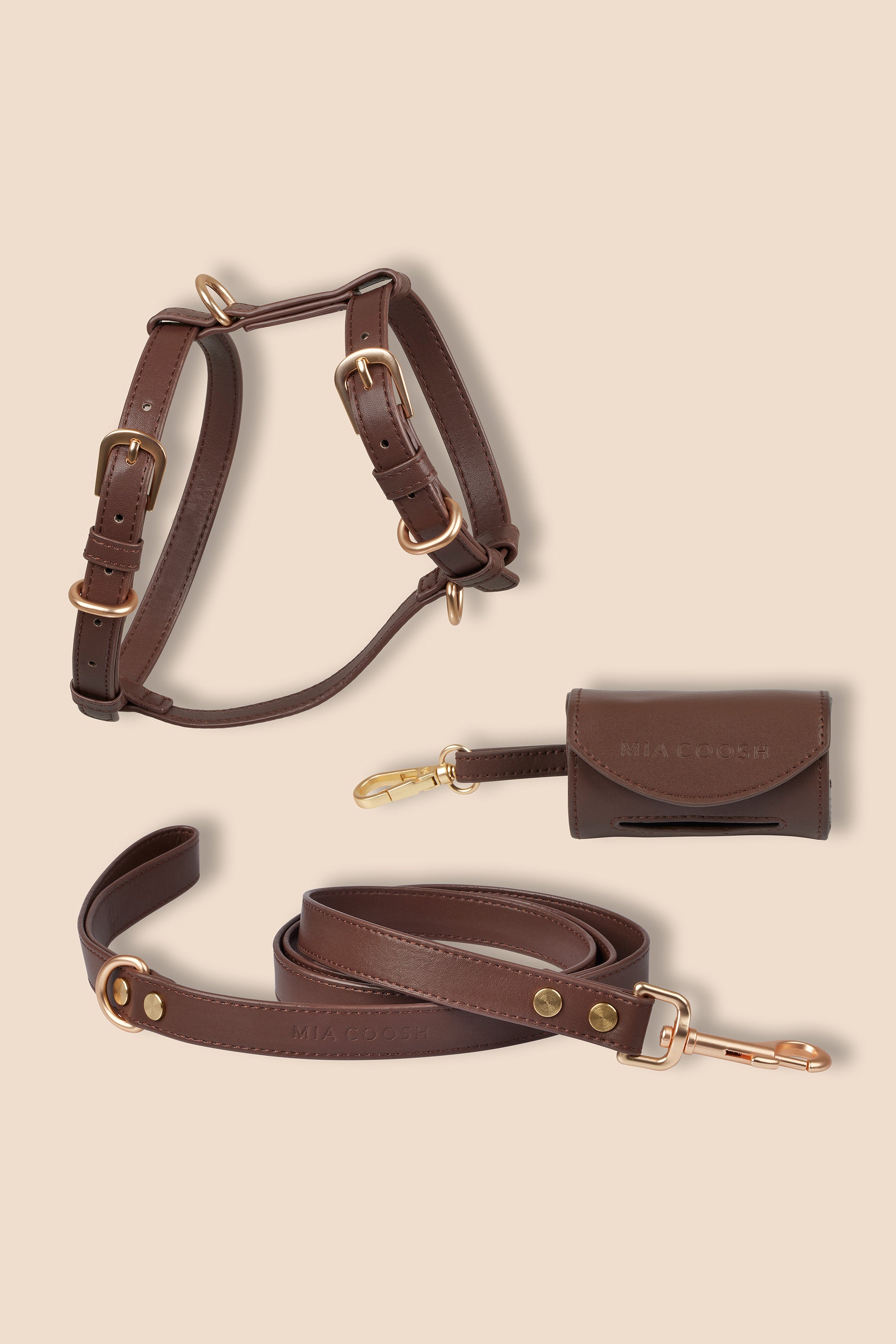MIA COOSH Harness Set (Harness, Lead and Poop Bag Holder) in Dark Chocolate