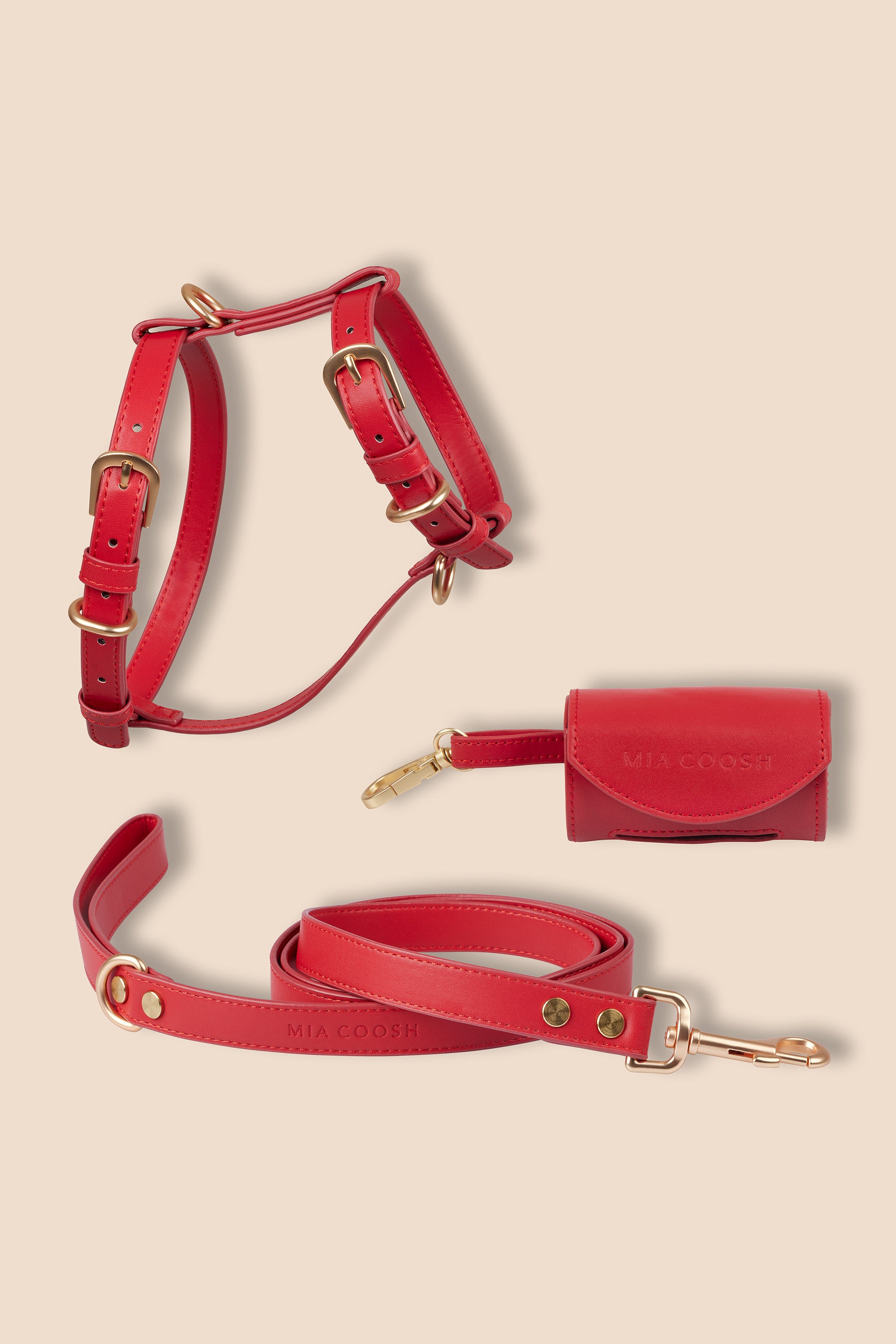 MIA COOSH Harness Set (Harness, Lead and Poop Bag Holder) in Rouge Red