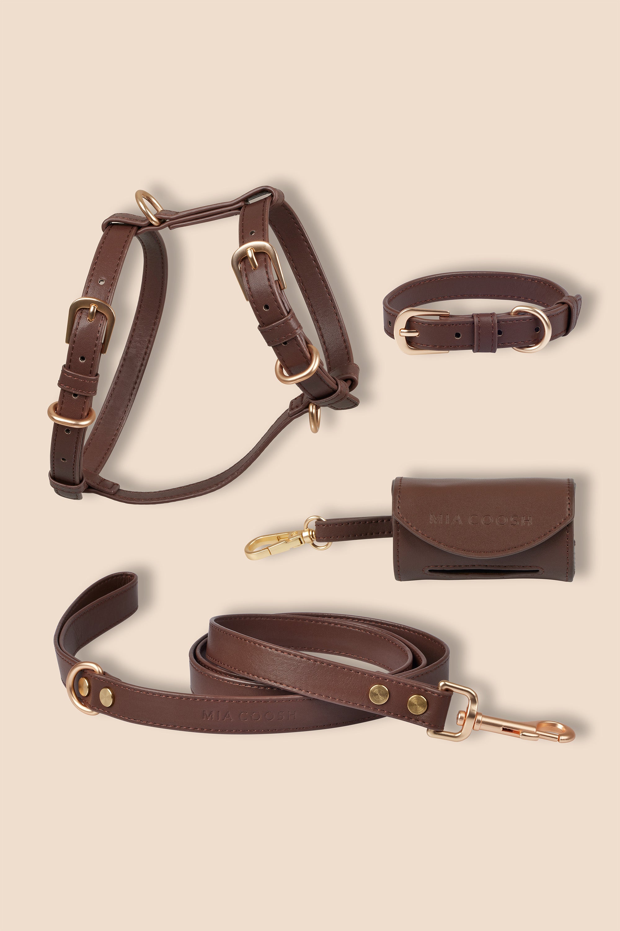 MIA COOSH Signature Set (Harness, Collar, Lead and Poop Bag Holder) in Dark Chocolate