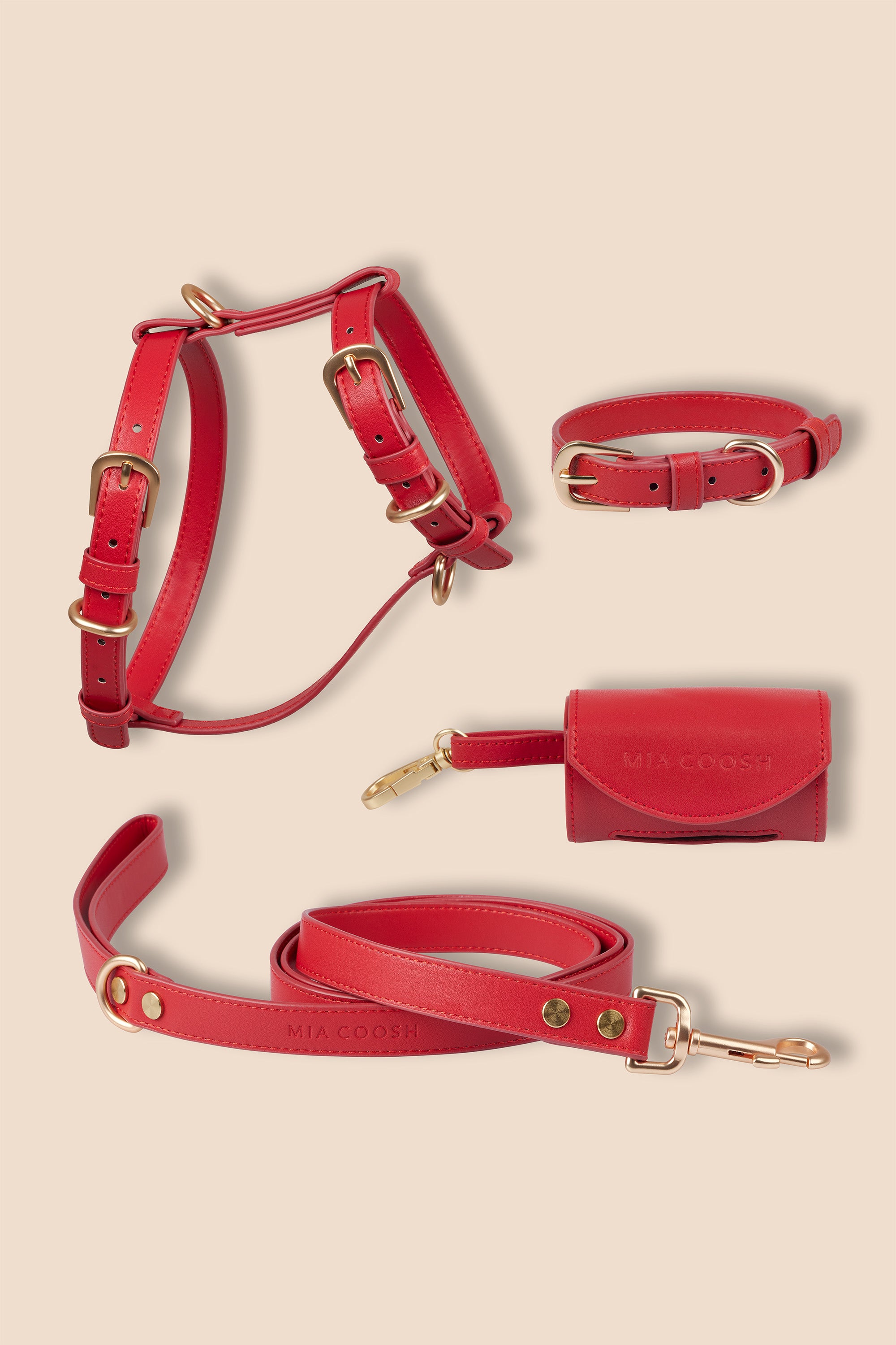 MIA COOSH Signature Set (Harness, Collar, Lead and Poop Bag Holder) in Rouge Red